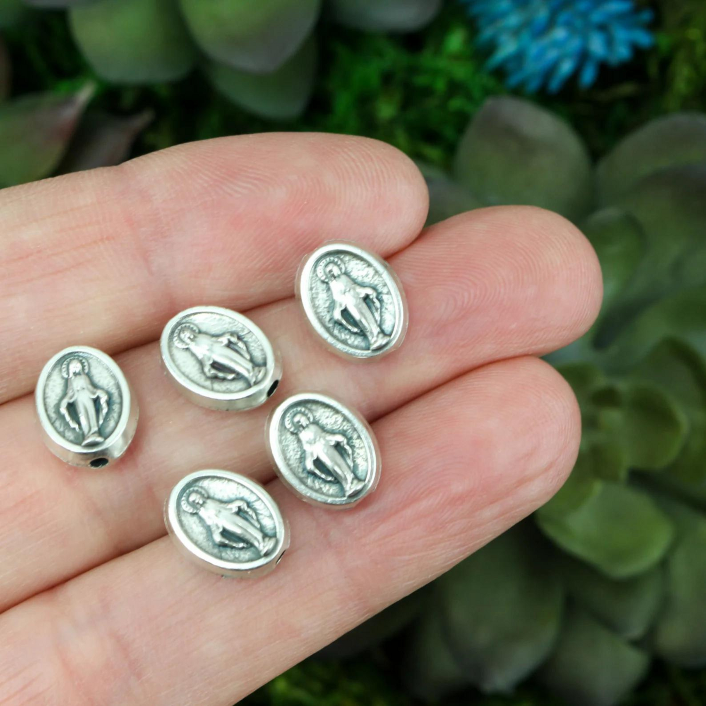 Miraculous Medal Spacer Beads, Silver Plate Our Father Beads - 6pcs