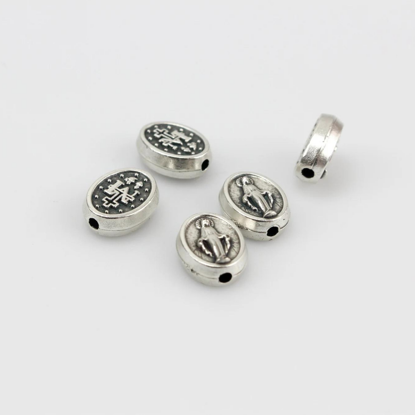 Miraculous Medal Spacer Beads, Silver Plate Our Father Beads - 6pcs