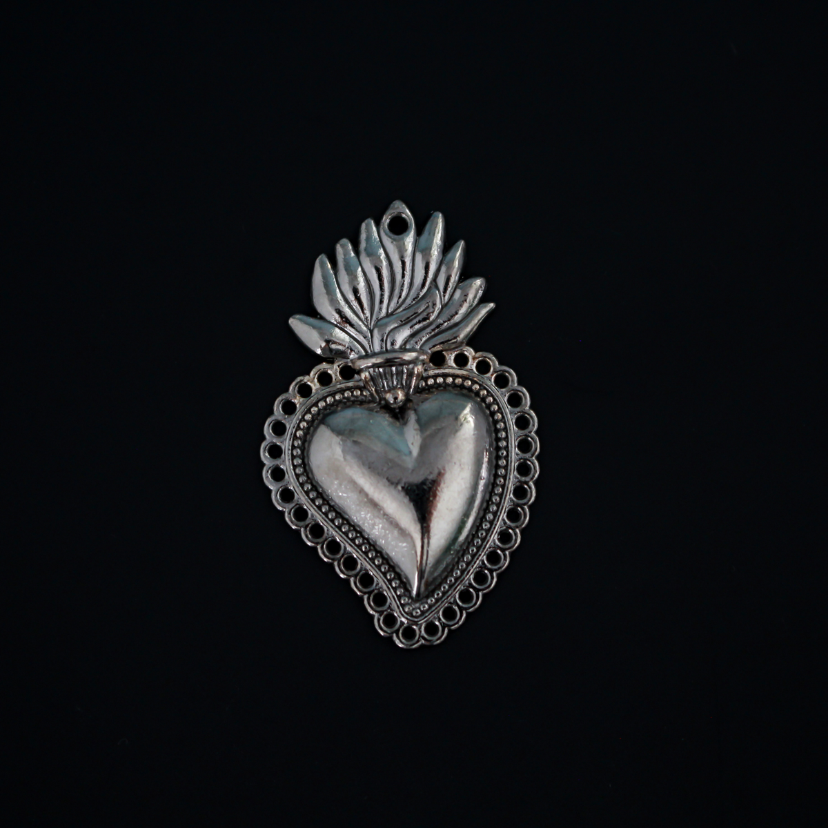 Sacred Heart Pendant Mexican Milagro Style - Shiny Gunmetal Gray Color