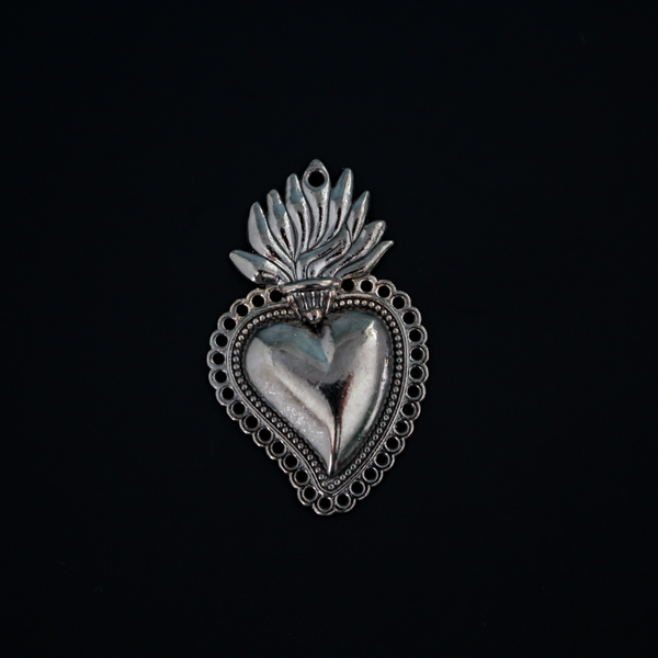 Sacred Heart Mexican Milagro Flaming Holy Heart Pendant - Shiny Gunmetal Gray Color