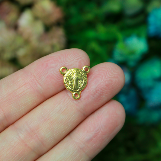Tiny gold tone Saint Benedict Crucifix rosary centerpiece, 1/2" long.