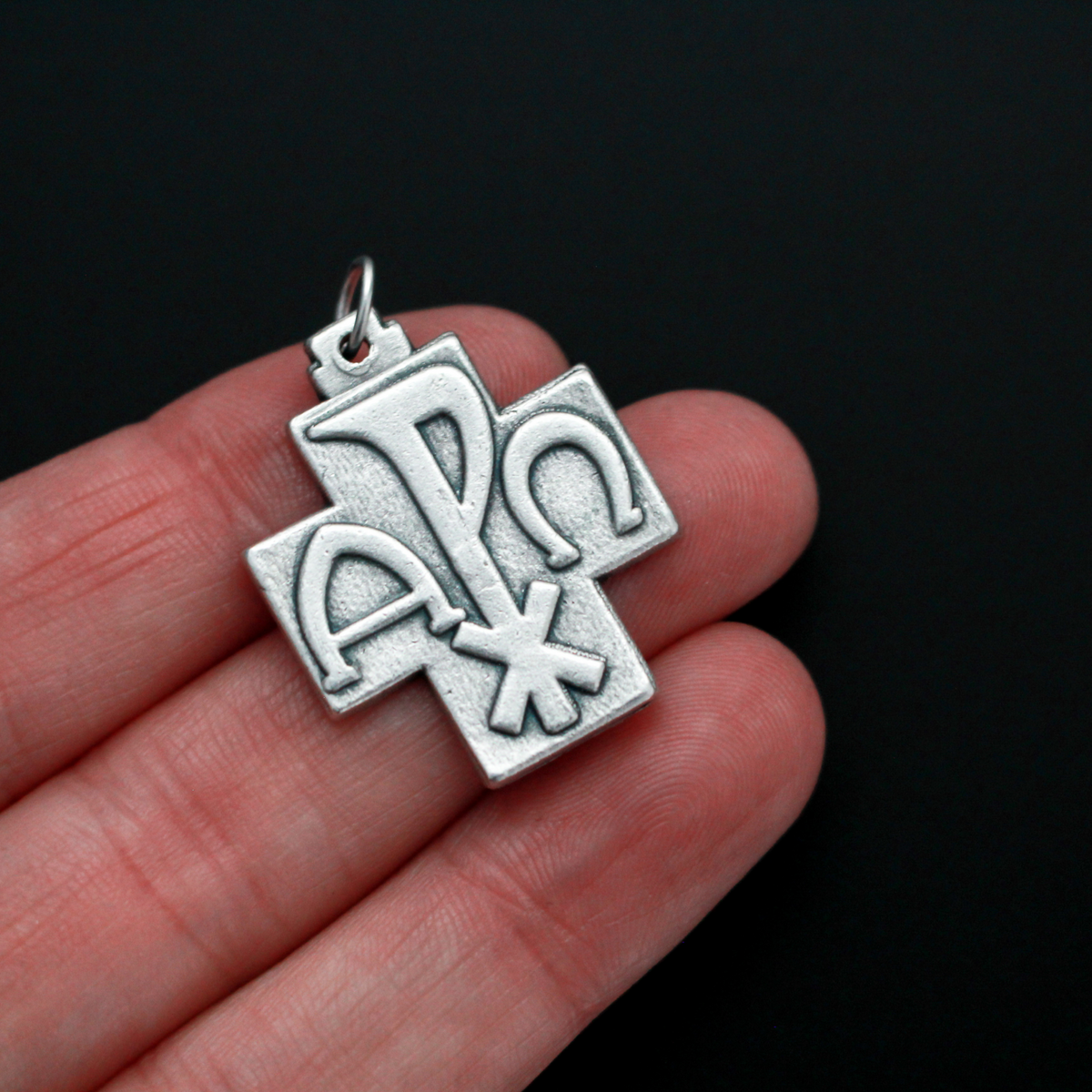 Jesus Alpha Omega Cross Pendant - Silver Chi Rho Jesus Christogram
