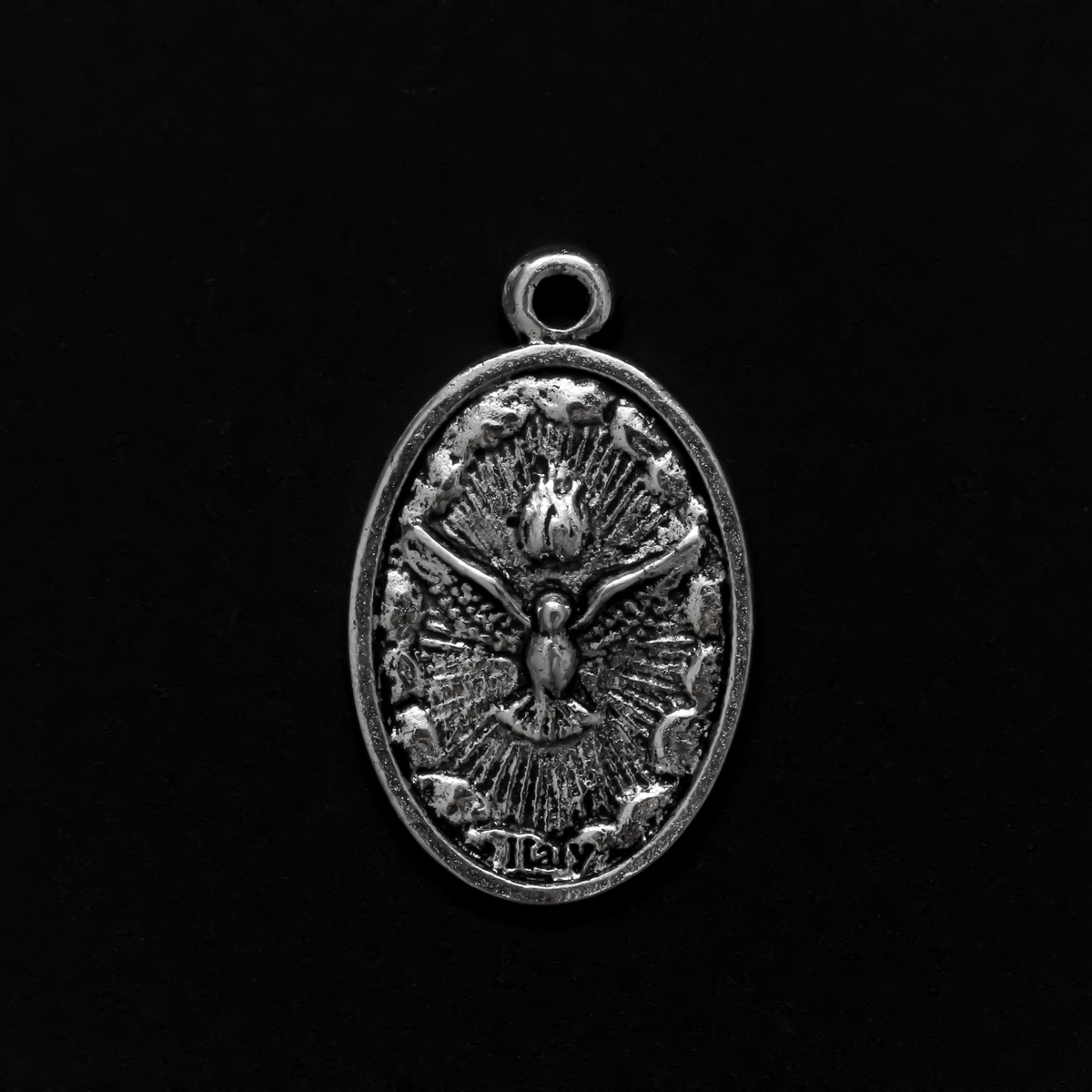 Holy Eucharist with Holy Spirit medal, one inch long silver tone color