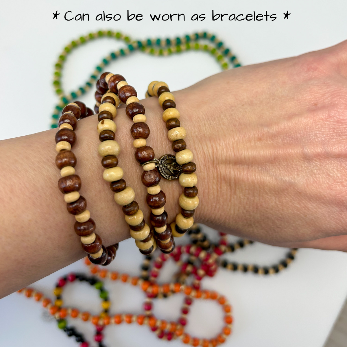 Wooden Beaded Choker Necklace 16" Elastic Stretch Beach Boho Stackable, 1pc - Choice of Color