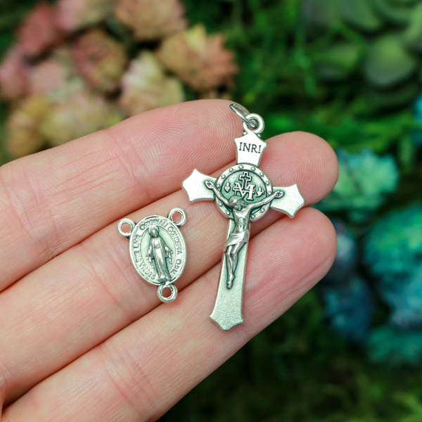 Miraculous Medal Crucifix Cross and Rosary Centerpiece Set