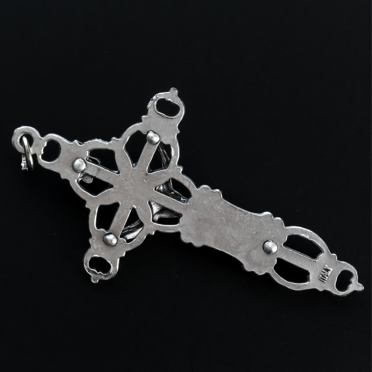 Ornate Orthodox style crucifix cross with beautiful cut out detailing on the cross, oxidized silver plating 2.25" long
