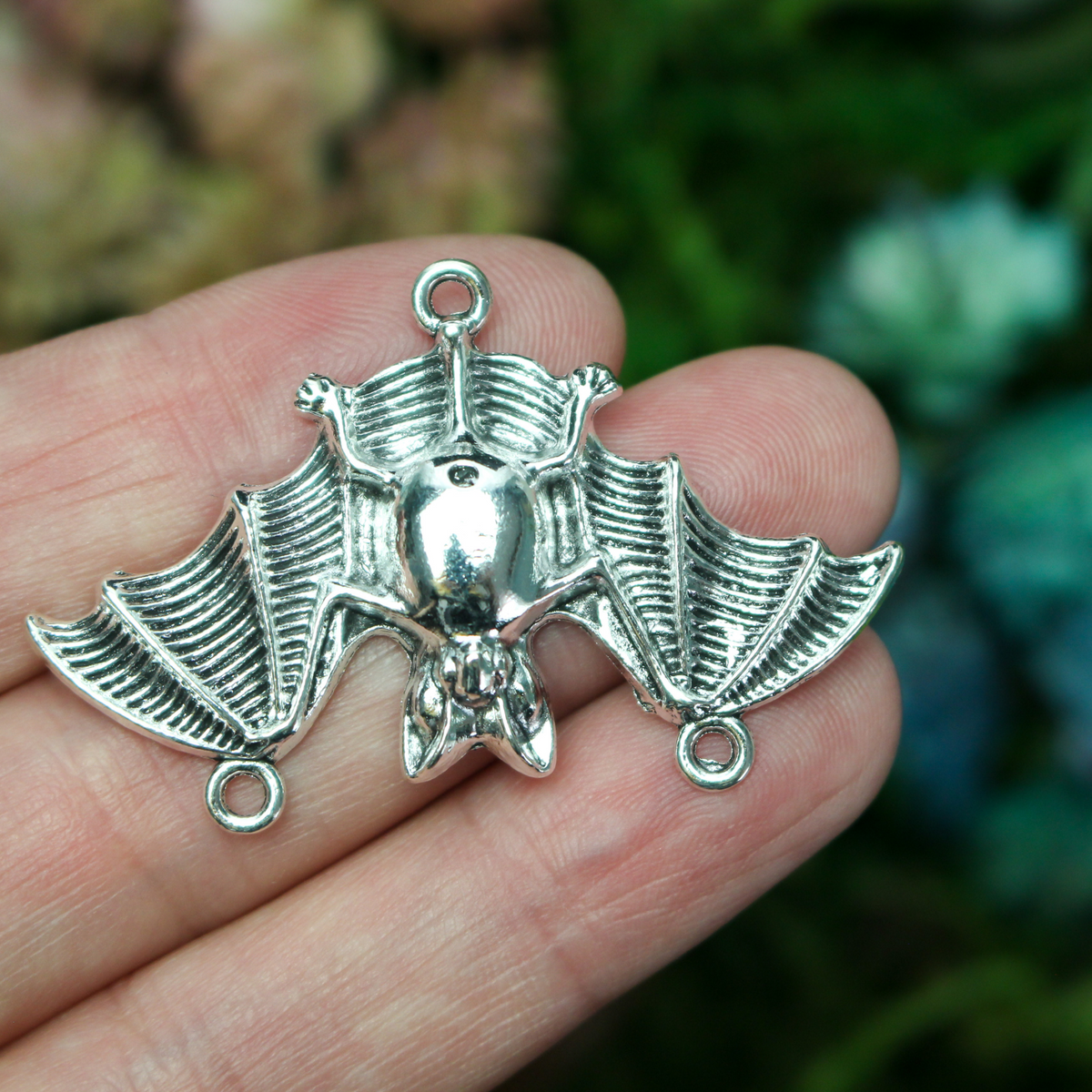 Silver tone bat connector charms with three loops