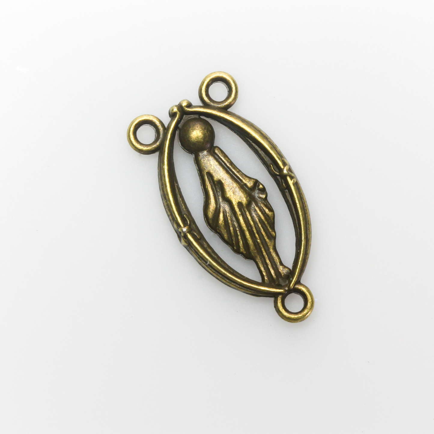 Bronze Miraculous Mary rosary centerpiece with a cutout design, 25mm long.