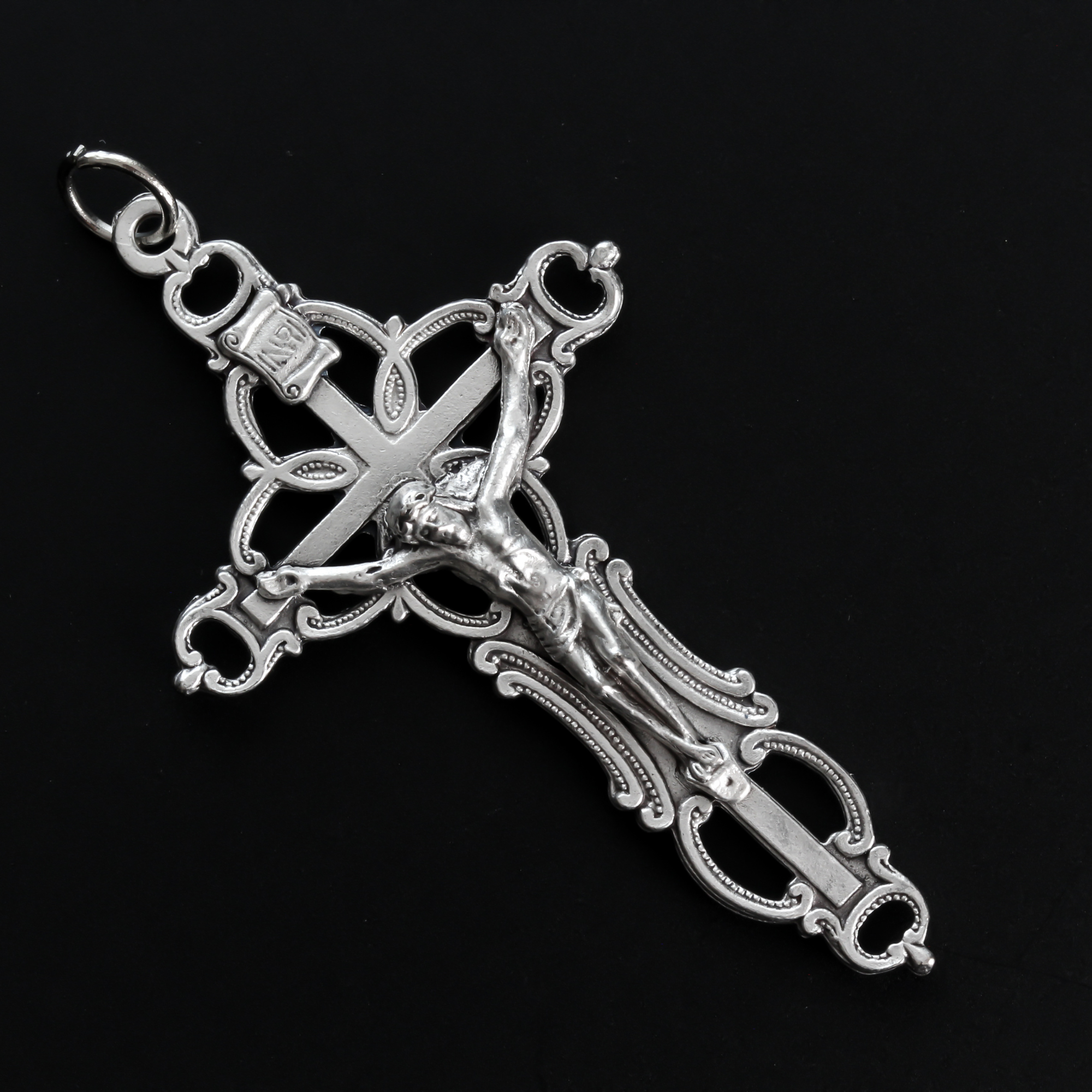 Ornate Orthodox style crucifix cross with beautiful cut out detailing on the cross, oxidized silver plating 2.25" long