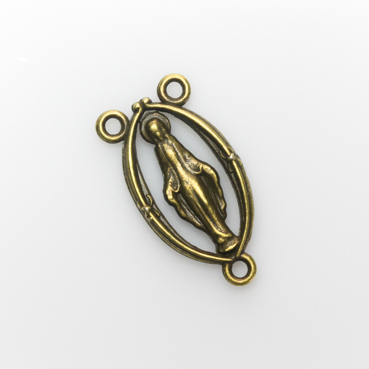 Bronze Miraculous Mary rosary centerpiece with a cutout design, 25mm long.