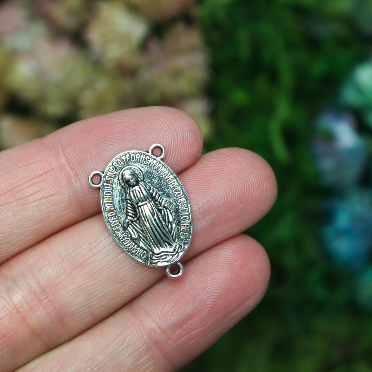 Miraculous Medal rosary centerpiece in antique silver-tone color, 22mm long