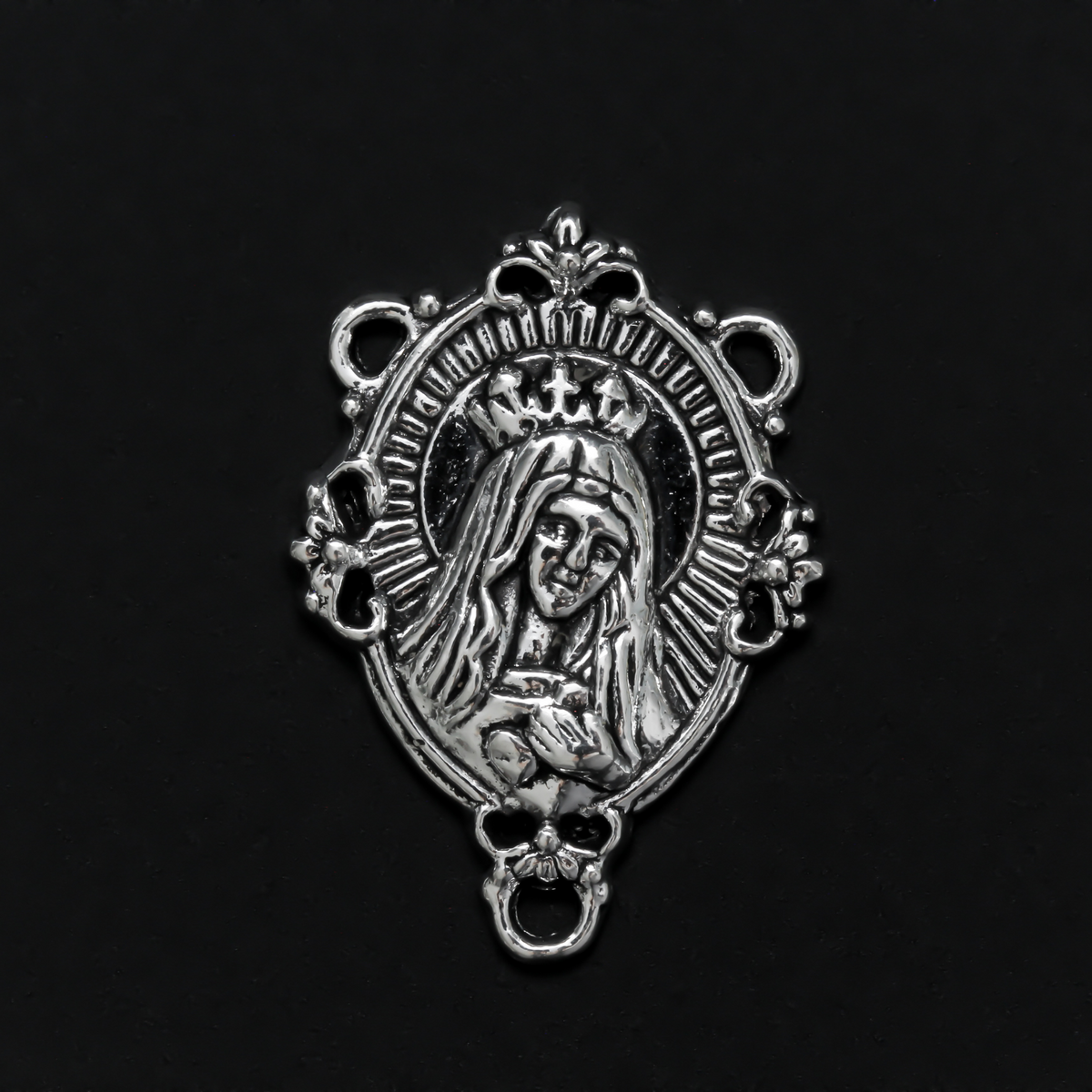 Immaculate Heart of Mary rosary centerpiece in antique silver color