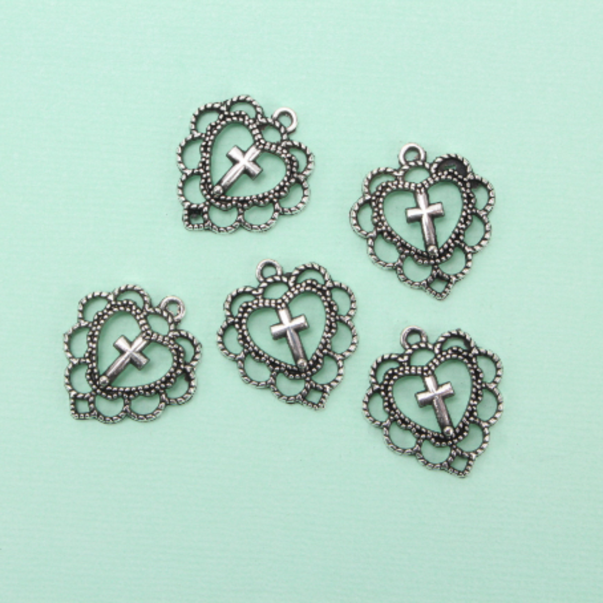 Filigree Heart Cross Charms in Antiqued Silver Tone Color, 5pcs