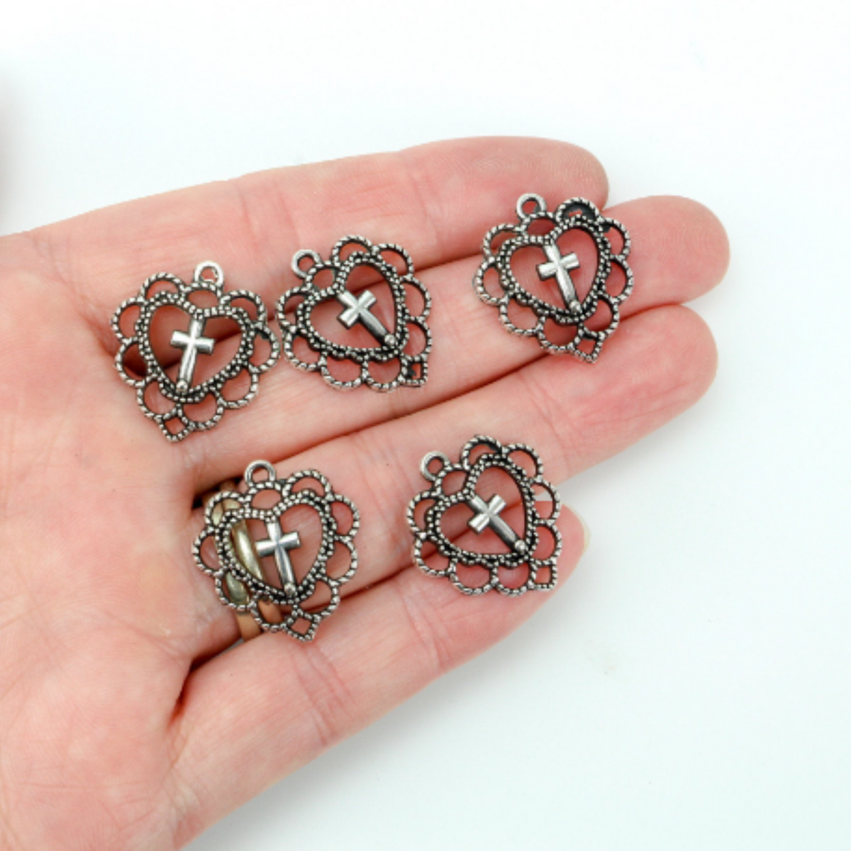 Filigree Heart Cross Charms in Antiqued Silver Tone Color, 5pcs