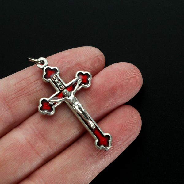 Orthodox Byzantine die-cast metal crucifix with a vibrant red enamel inlay