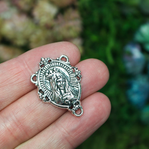 Immaculate Heart of Mary rosary centerpiece in antique silver color