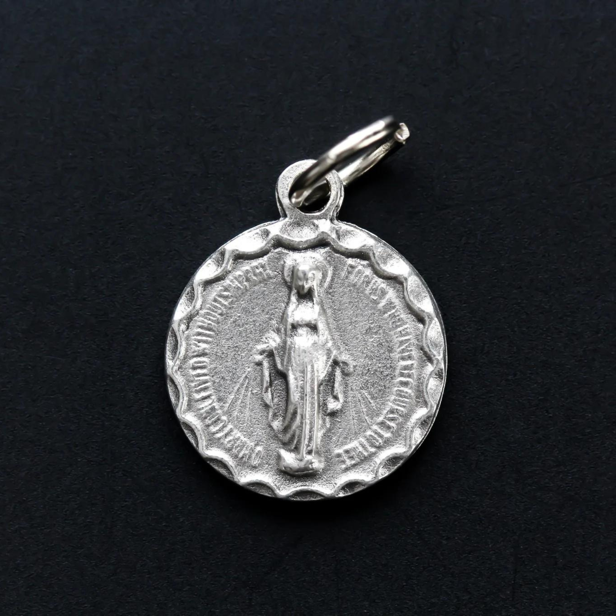14mm Round Miraculous Mary medal with an ornate scalloped border 