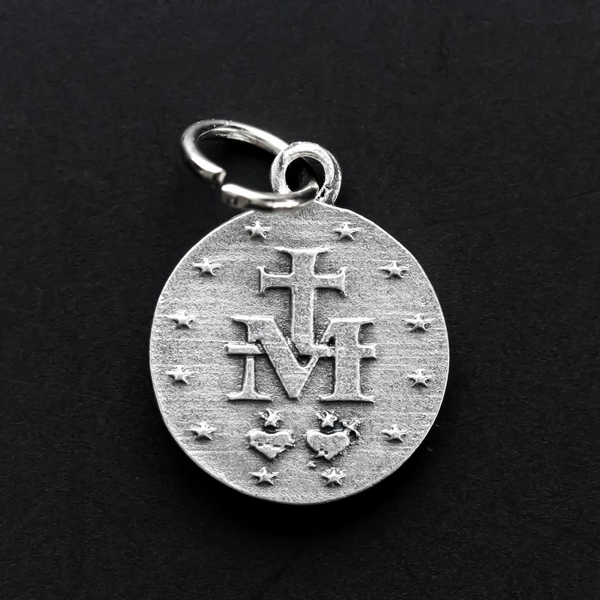 14mm Round Miraculous Mary medal with an ornate scalloped border 