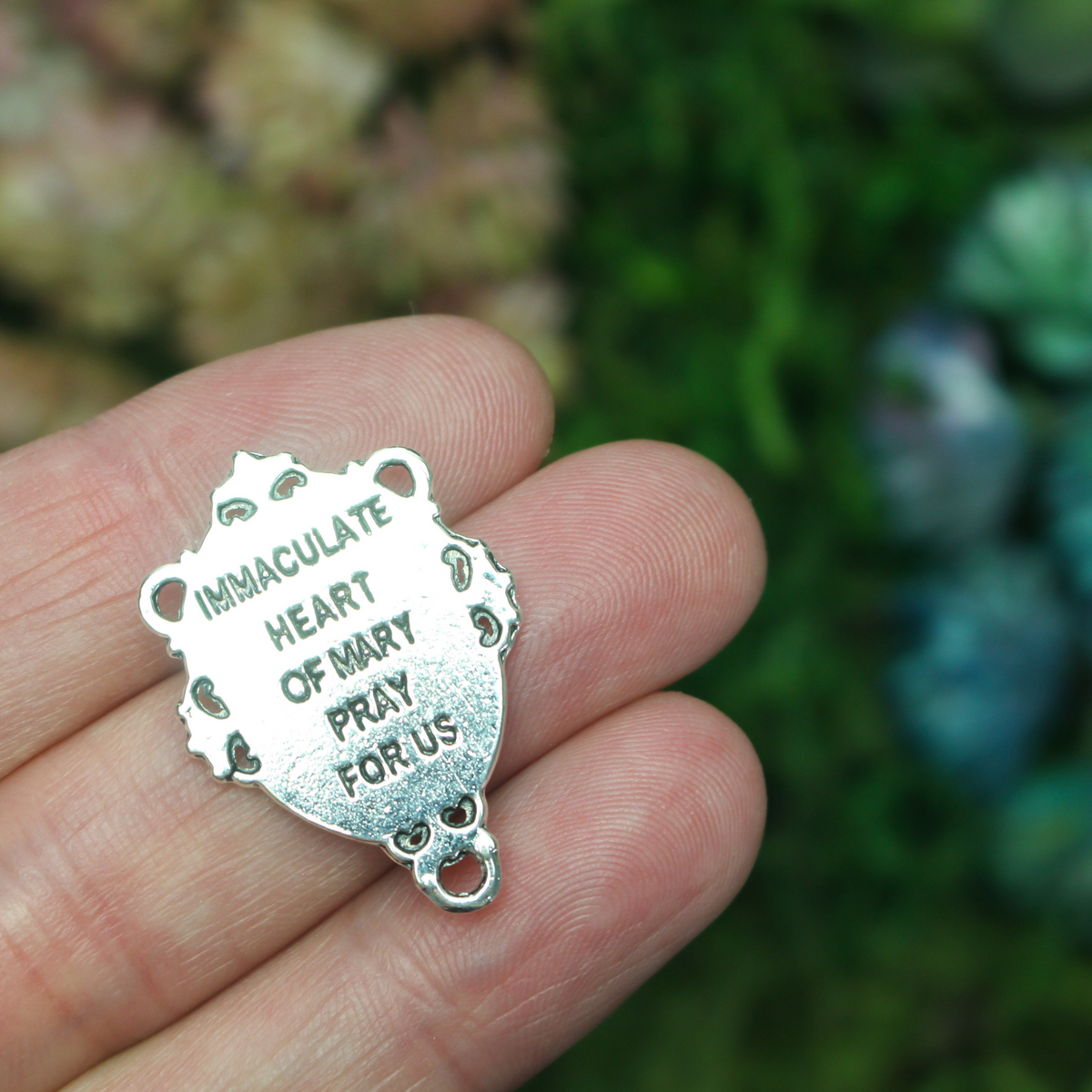 Immaculate Heart of Mary rosary centerpiece in antique silver color