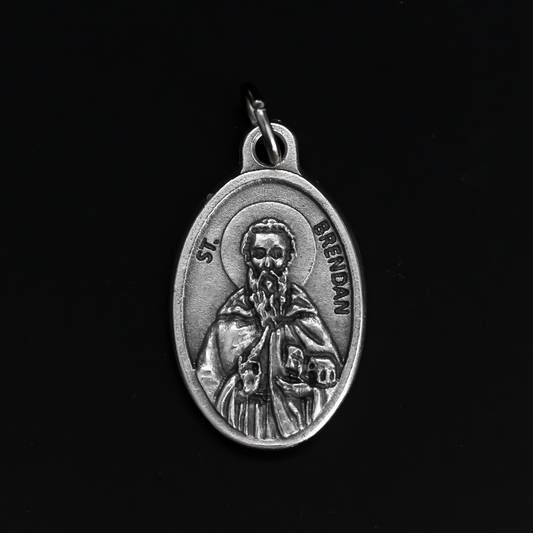 Saint Brendan of Clonfert medal that depicts the saint on the front and "Pray For Us" on the back