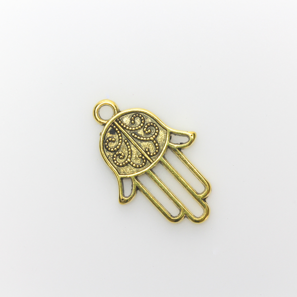 Gold tone Hamsa hand charm with an open design on the fingers, 22mm long by 15mm wide