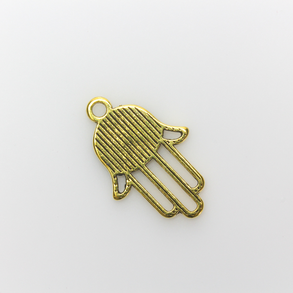Gold tone Hamsa hand charm with an open design on the fingers, 22mm long by 15mm wide