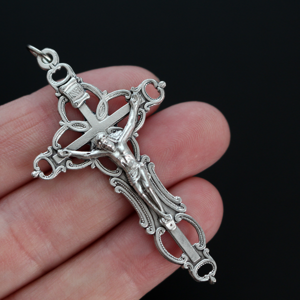 Ornate Orthodox style crucifix cross with beautiful cut out detailing on the cross, oxidized silver plating 2.25" long