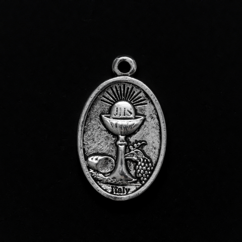 Holy Eucharist with Holy Spirit medal, one inch long silver tone color