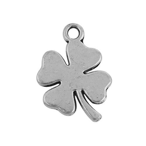 close up silver tone four leaf clover charm pendant
