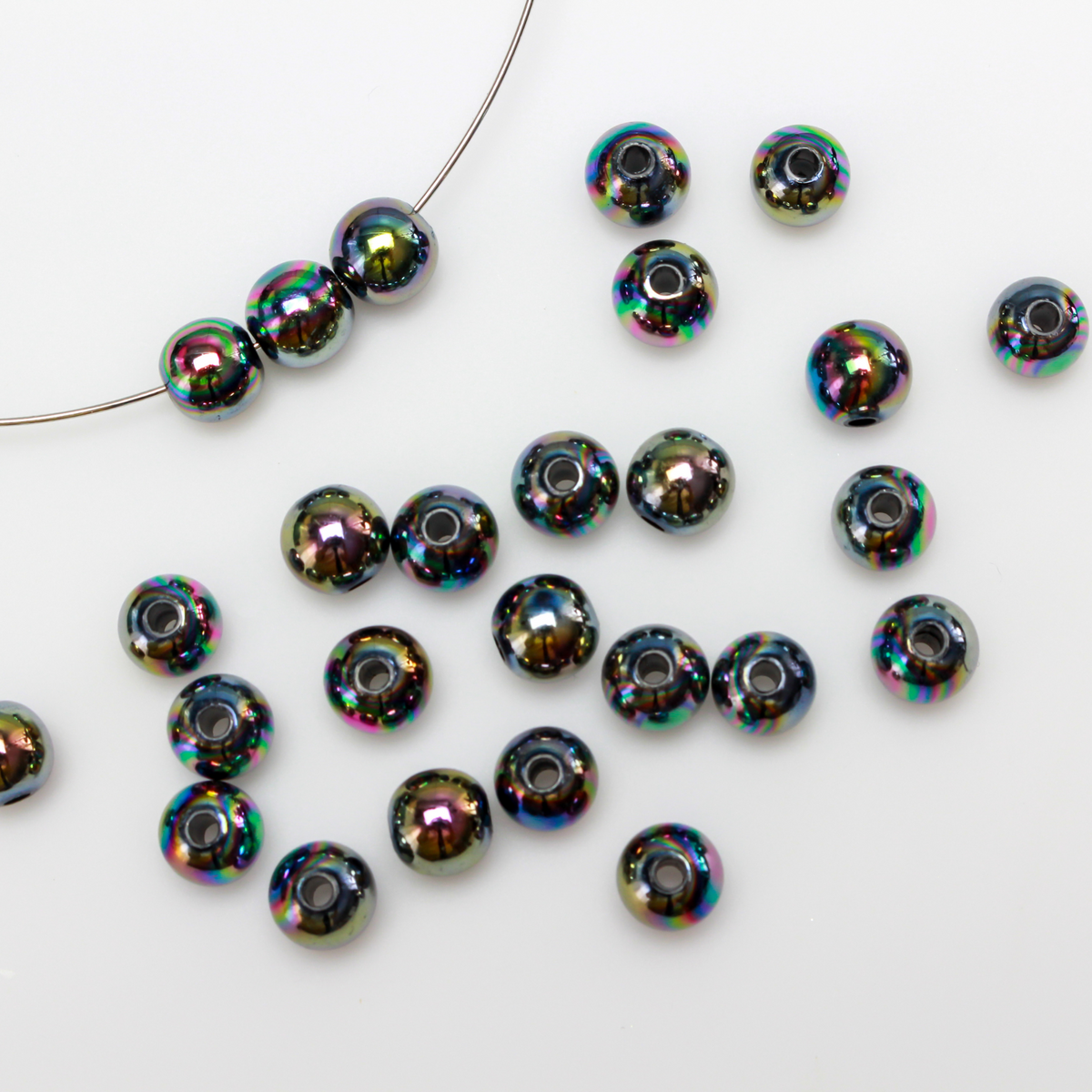 Acrylic AB (aurora borealis) color plated opaque black beads, 8mm round