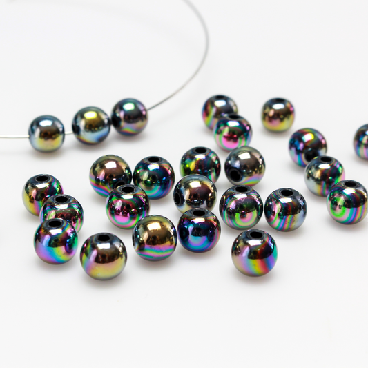 Acrylic AB (aurora borealis) color plated opaque black beads, 8mm round