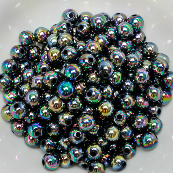 Acrylic AB (aurora borealis) color plated opaque black beads, 8mm round