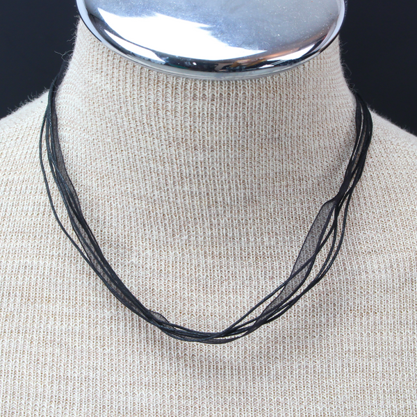 Black Wax Cord Organza Ribbon Necklace - 17" Long