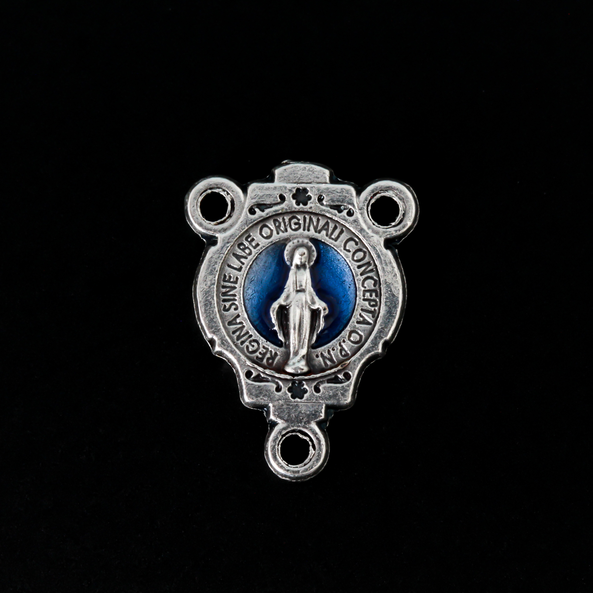 Miraculous Medal rosary centerpiece that has blue enamel detailing on the front side only.