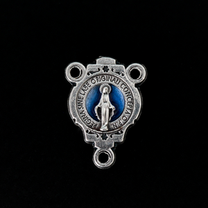 Miraculous Medal rosary centerpiece that has blue enamel detailing on the front side only.