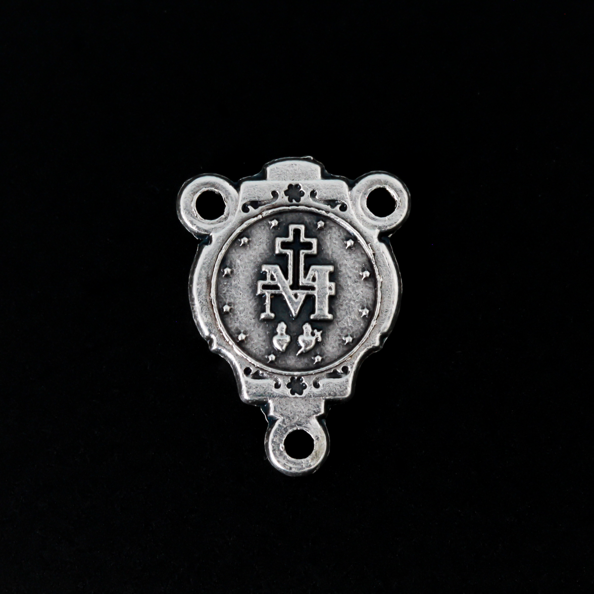 Miraculous Medal rosary centerpiece that has blue enamel detailing on the front side only.