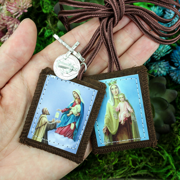 Brown Scapular Our Lady of Mount Carmel Simon Stock with St Benedict Medal