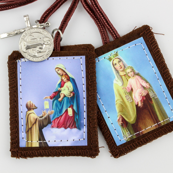 Brown Scapular Our Lady of Mount Carmel Simon Stock with St Benedict Medal