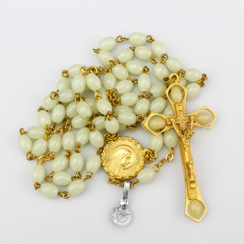vintage our lady of fatima gold tone rosary with glow in the dark prayer beads