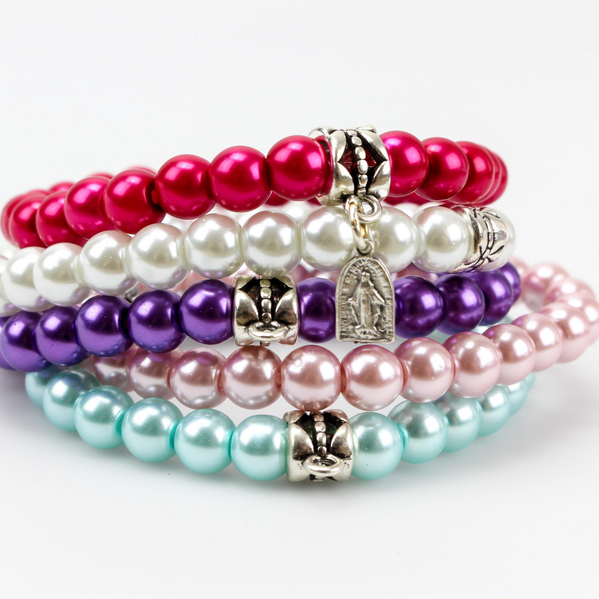 Glass Pearl Beaded Stretch Bracelet with Hanger Link - Small Stack Charm Bracelet