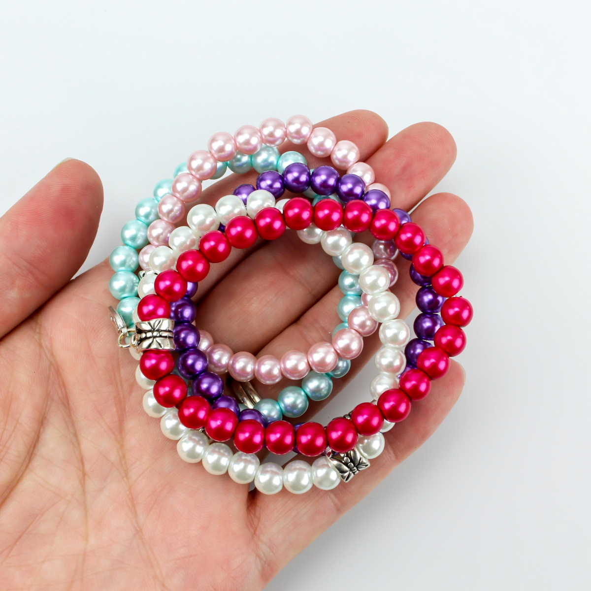 Glass Pearl Beaded Stretch Bracelet with Hanger Link - Small Stack Charm Bracelet