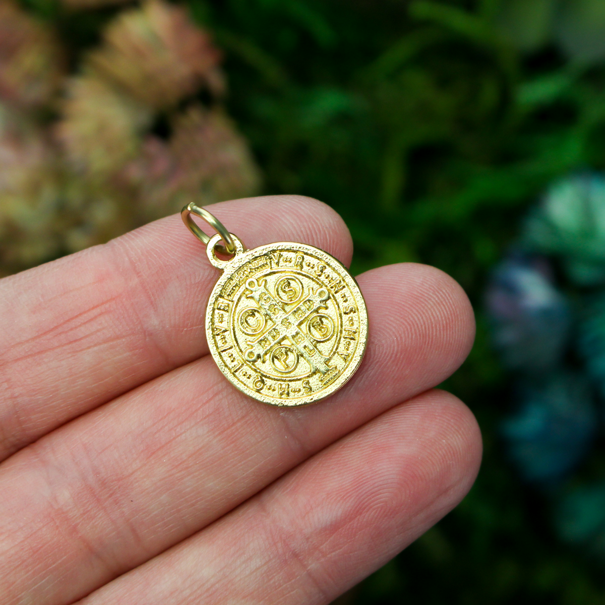 Saint Benedict protection medal that is gold-tone in color 17mm