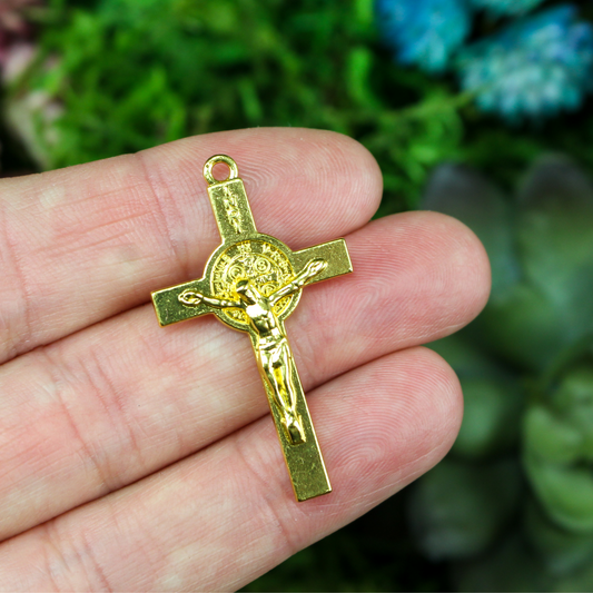 Gold Tone Saint Benedict Crucifix Cross with Straight Edges