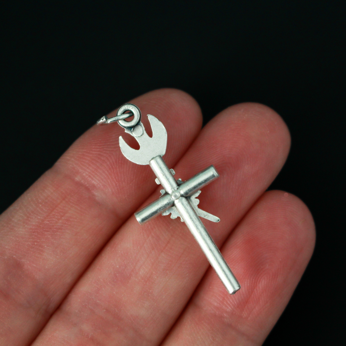 Silver plated cross that features the Holy Spirit above the Sacred Heart, Made in Italy