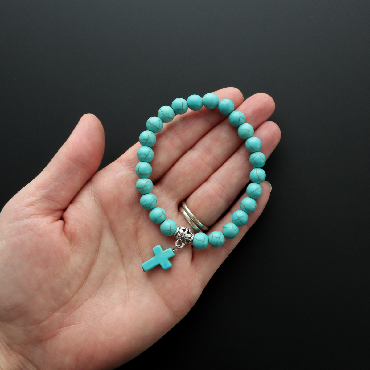 Howlite Turquoise Stretch Bracelet - Cross Charm Bracelet with Attached Hanger Link to add on Charms