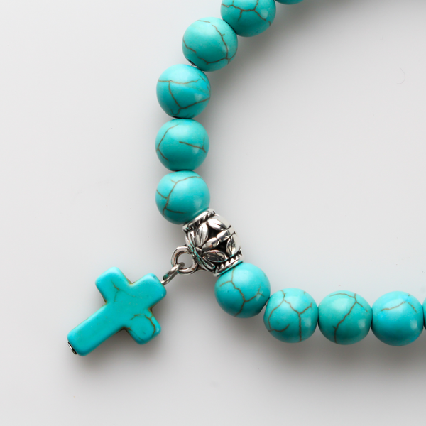 Howlite Turquoise Stretch Bracelet - Cross Charm Bracelet with Attached Hanger Link to add on Charms