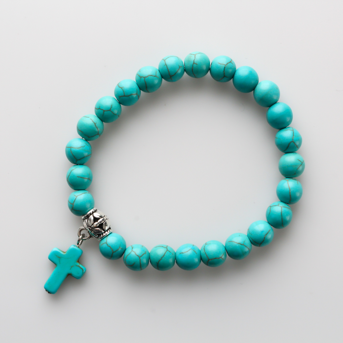 Howlite Turquoise Stretch Bracelet - Cross Charm Bracelet with Attached Hanger Link to add on Charms