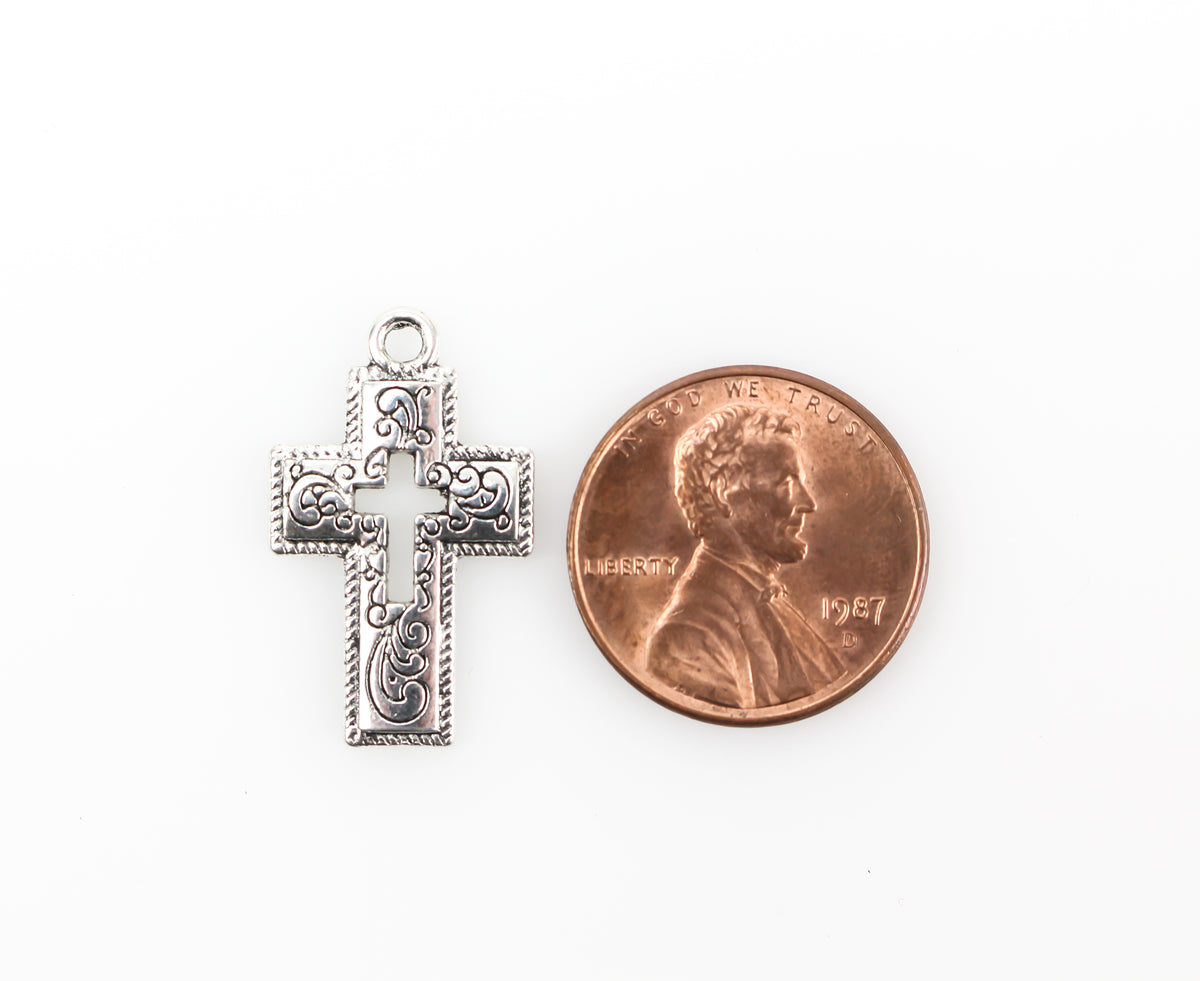 Ornate Scroll Cross Charms with Cutout Cross Design - Silver Tone 10pcs