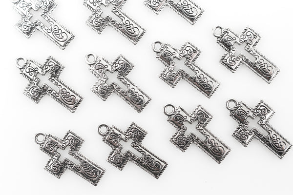Ornate Scroll Cross Charms with Cutout Cross Design - Silver Tone 10pcs