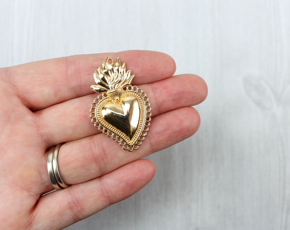 Sacred Heart Mexican Milagro Flaming Holy Heart Pendant - Shiny Light Gold Color